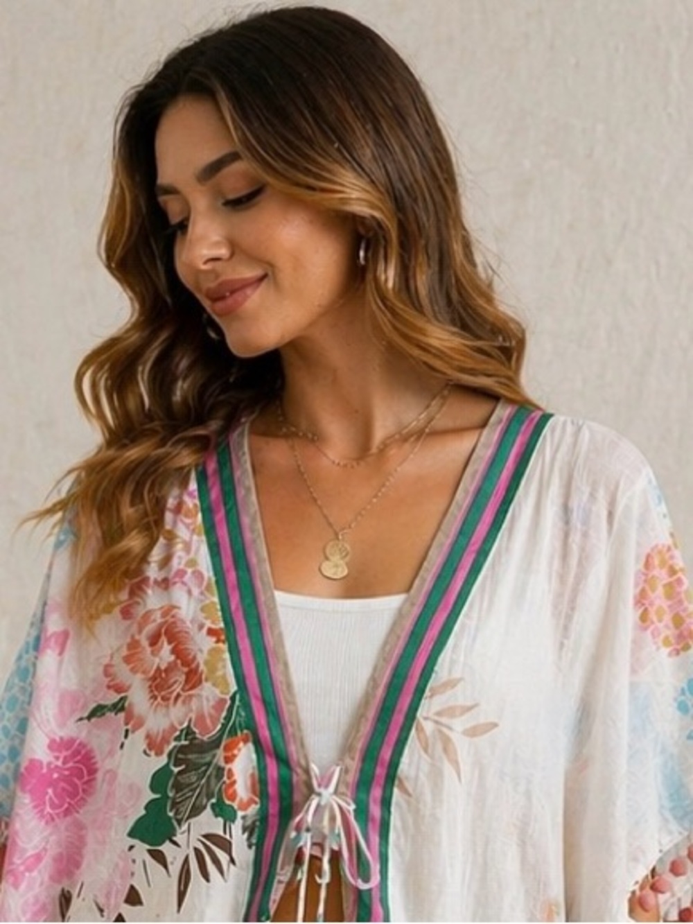 Z&L Soft Floral Cotton Tunic with Green & Magenta Trim 100% cotton size 0S